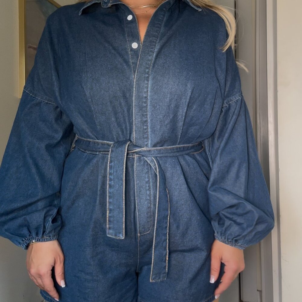 Women's Casual Denim Romper Belted Lantern Sleeve Jean Jumpsuits with Pockets